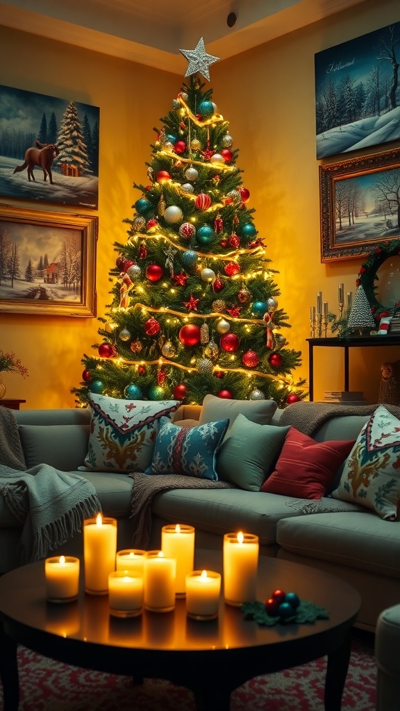 A cozy Christmas living room with a decorated tree, festive paintings, and holiday decor.